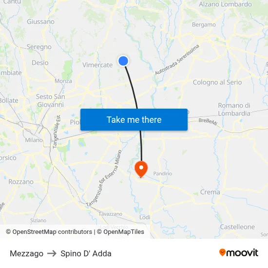 Mezzago to Spino D' Adda map