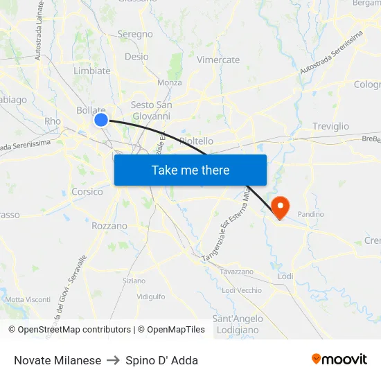 Novate Milanese to Spino D' Adda map