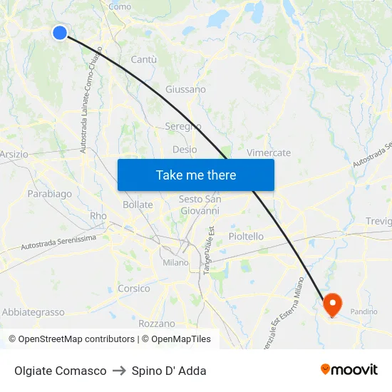 Olgiate Comasco to Spino D' Adda map