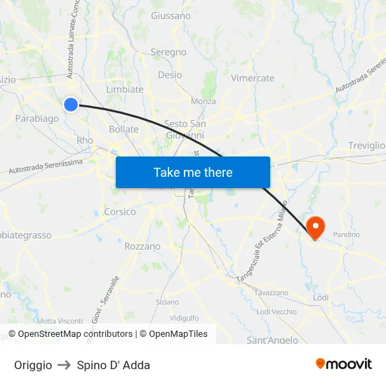 Origgio to Spino D' Adda map