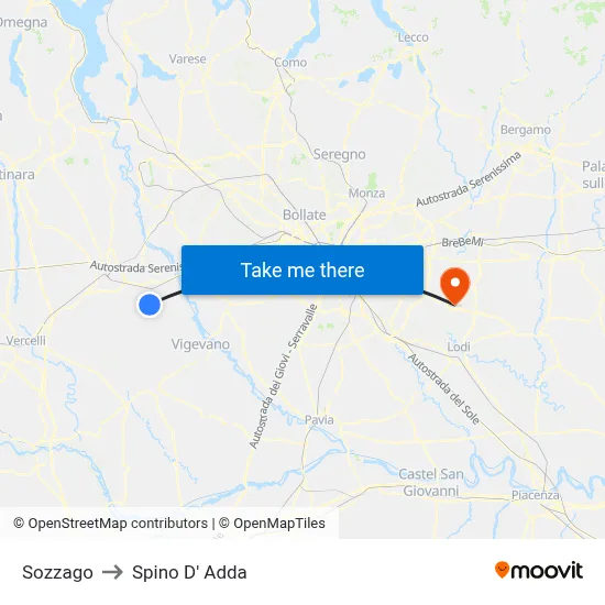 Sozzago to Spino D' Adda map