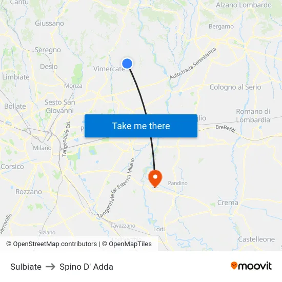 Sulbiate to Spino D' Adda map