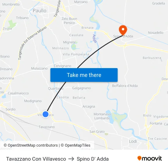 Tavazzano Con Villavesco to Spino D' Adda map