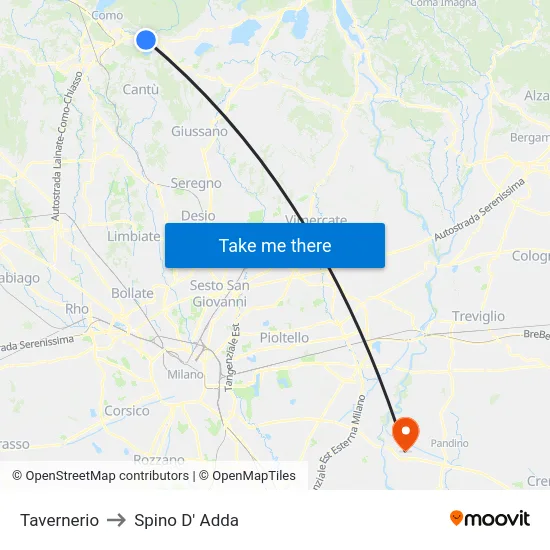 Tavernerio to Spino D' Adda map