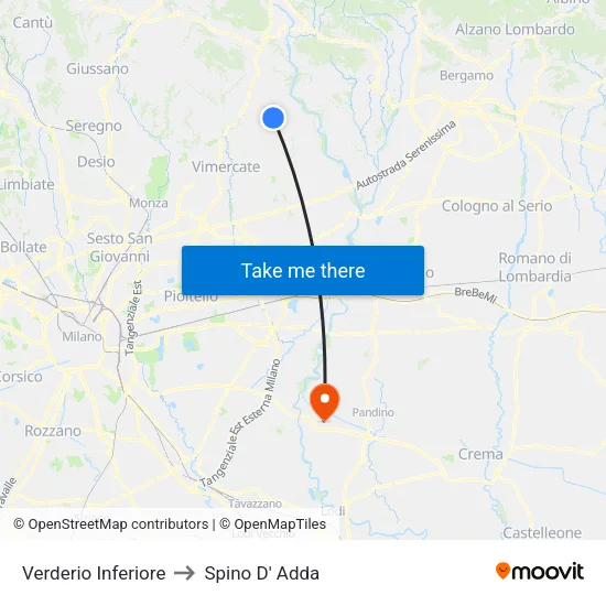 Verderio Inferiore to Spino D' Adda map