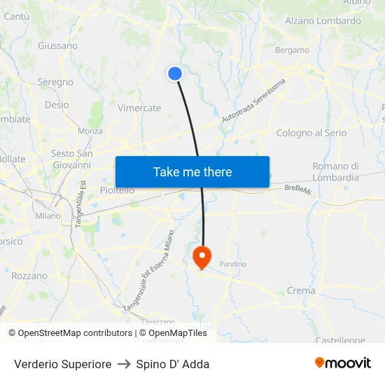 Verderio Superiore to Spino D' Adda map