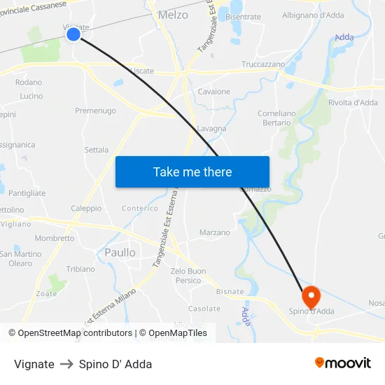 Vignate to Spino D' Adda map