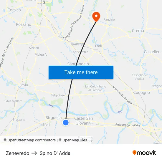 Zenevredo to Spino D' Adda map