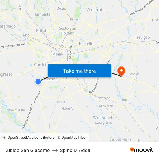 Zibido San Giacomo to Spino D' Adda map