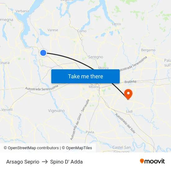 Arsago Seprio to Spino D' Adda map