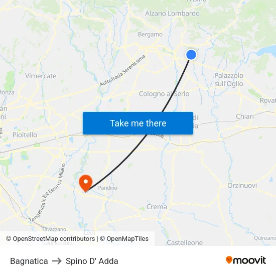 Bagnatica to Spino D' Adda map