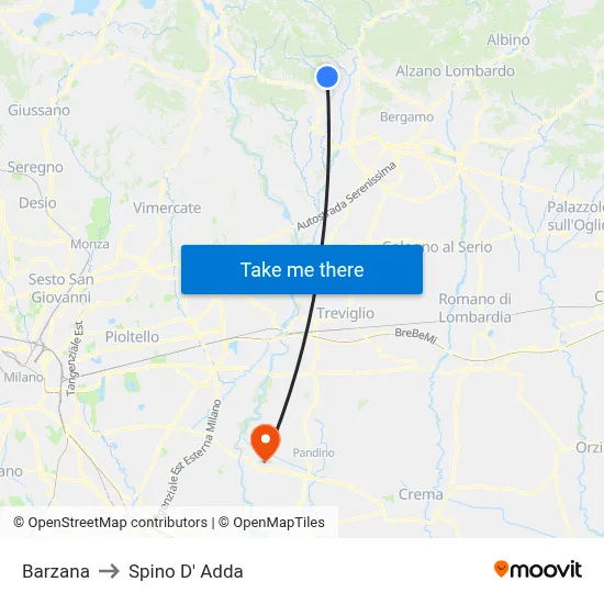 Barzana to Spino D' Adda map