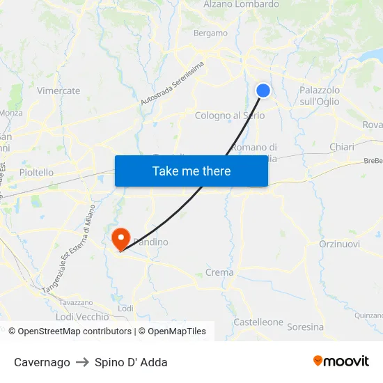 Cavernago to Spino D' Adda map