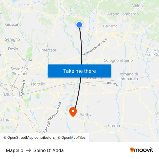 Mapello to Spino D' Adda map
