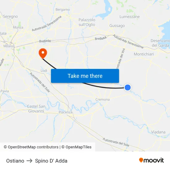 Ostiano to Spino D' Adda map