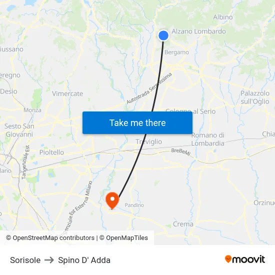 Sorisole to Spino D' Adda map