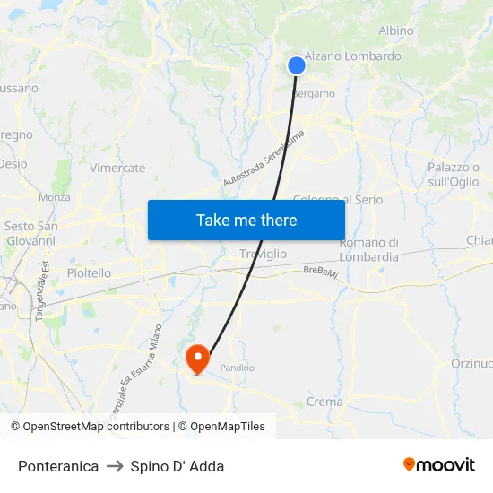 Ponteranica to Spino D' Adda map