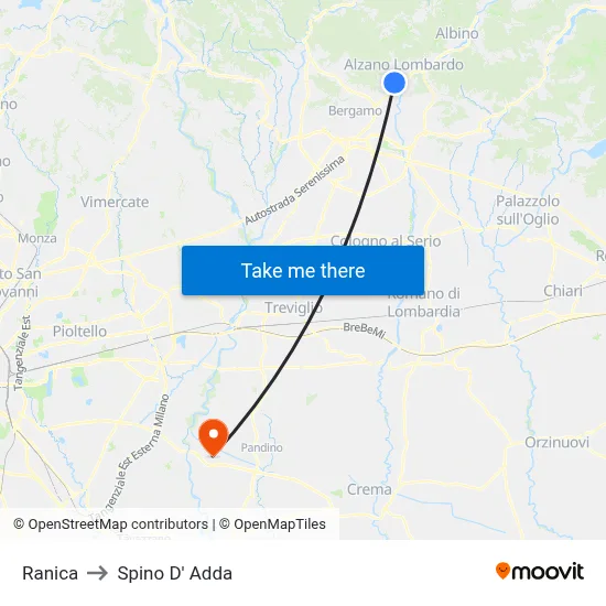 Ranica to Spino D' Adda map