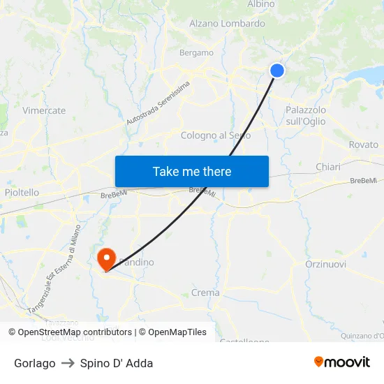 Gorlago to Spino D' Adda map