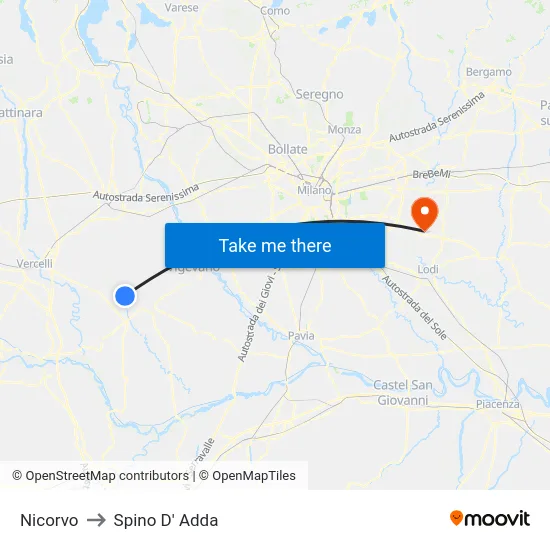 Nicorvo to Spino D' Adda map
