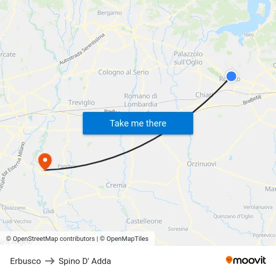 Erbusco to Spino D' Adda map