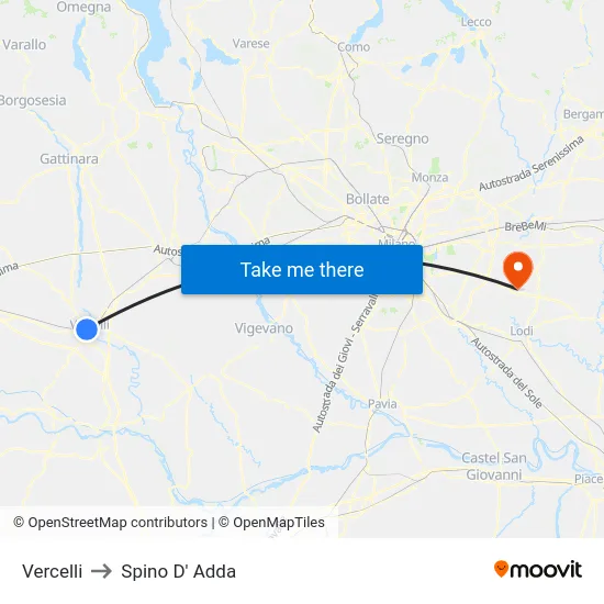 Vercelli to Spino D' Adda map