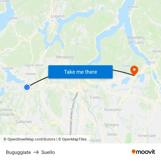 Buguggiate to Suello map