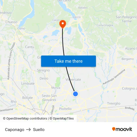 Caponago to Suello map