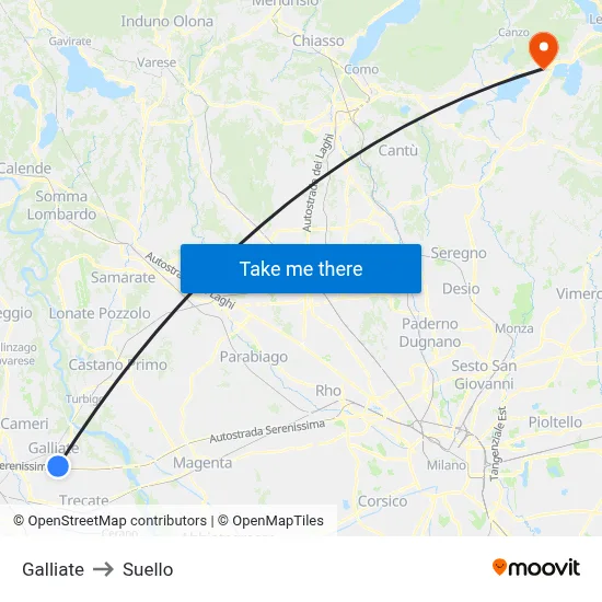 Galliate to Suello map