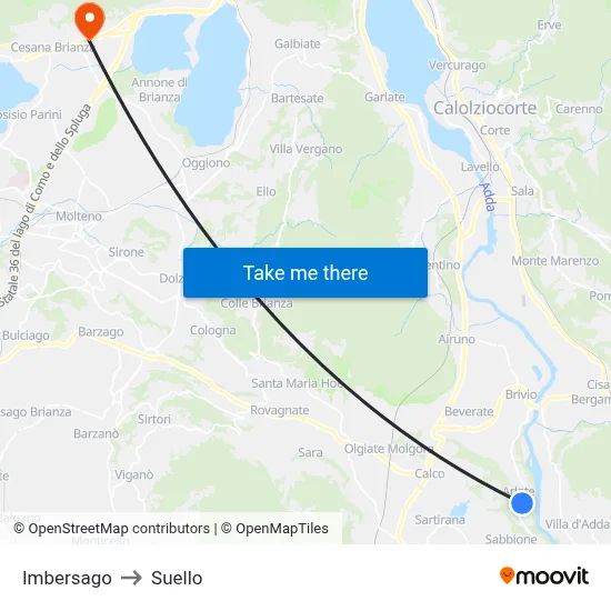 Imbersago to Suello map