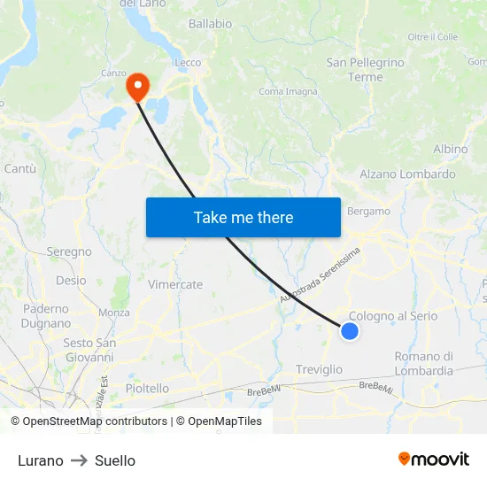 Lurano to Suello map