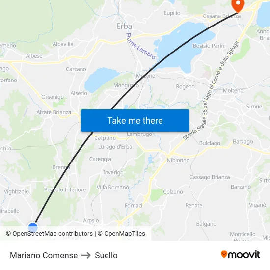 Mariano Comense to Suello map