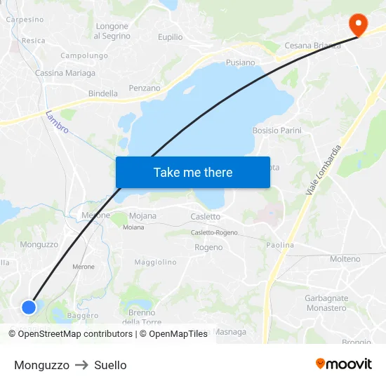 Monguzzo to Suello map