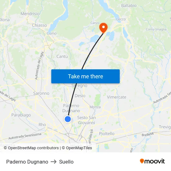 Paderno Dugnano to Suello map