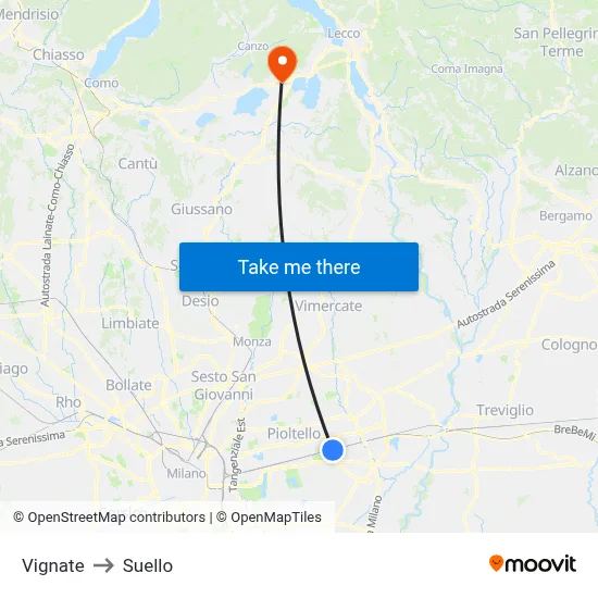 Vignate to Suello map