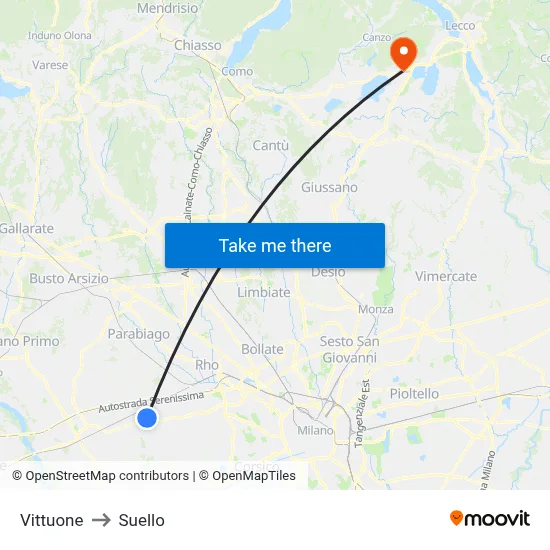 Vittuone to Suello map