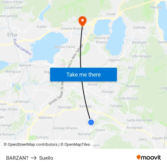 Barzan to Suello map