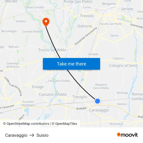 Caravaggio to Suisio map