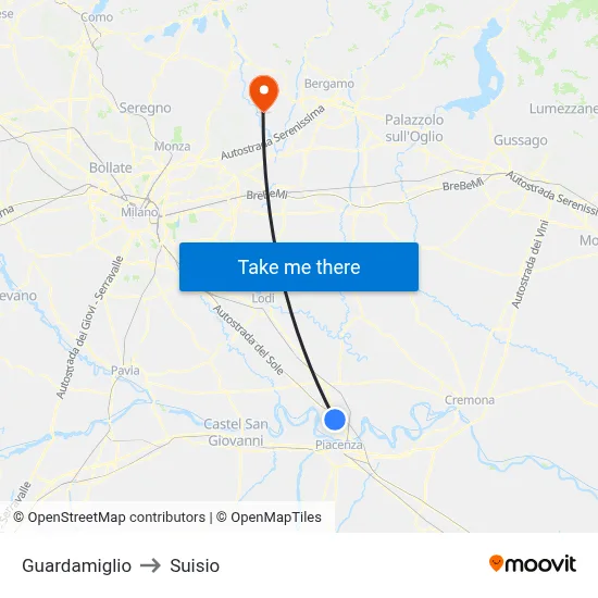 Guardamiglio to Suisio map