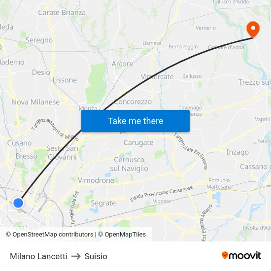 Milano Lancetti to Suisio map