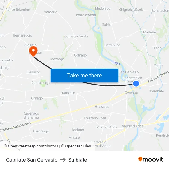 Capriate San Gervasio to Sulbiate map