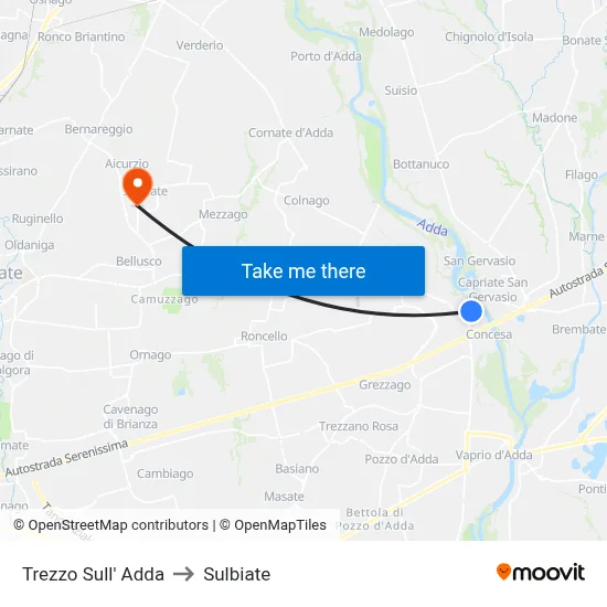 Trezzo Sull' Adda to Sulbiate map