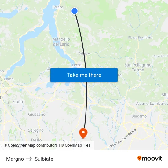 Margno to Sulbiate map