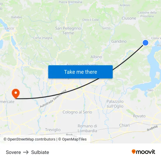 Sovere to Sulbiate map