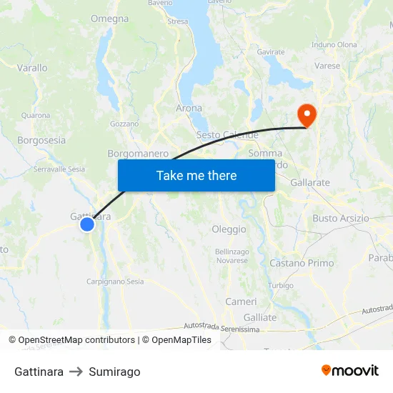 Gattinara to Sumirago map