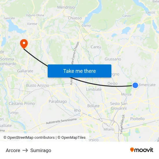 Arcore to Sumirago map