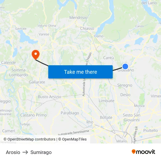 Arosio to Sumirago map