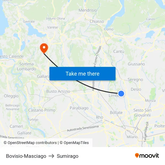 Bovisio-Masciago to Sumirago map