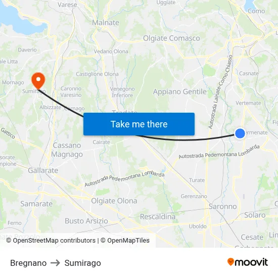 Bregnano to Sumirago map