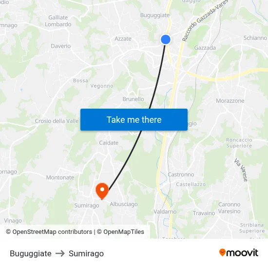 Buguggiate to Sumirago map